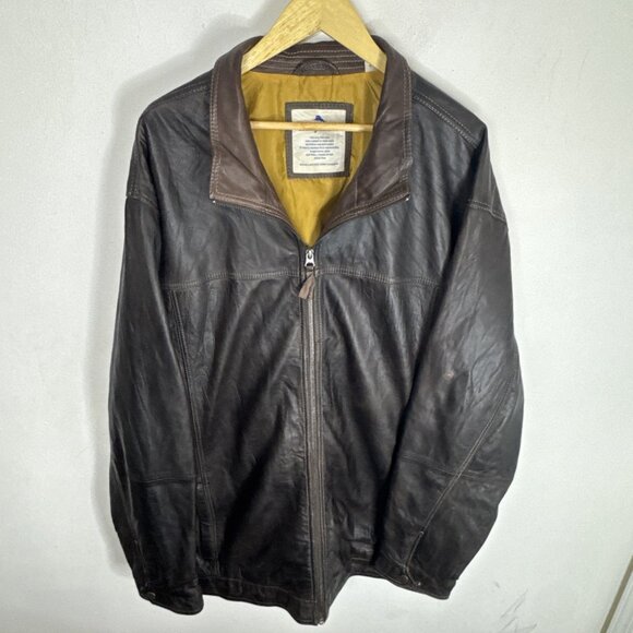 Tommy Bahama Brown Leather Jacket 3XT Big Tall Zip Front Yellow Lining - Picture 1 of 8